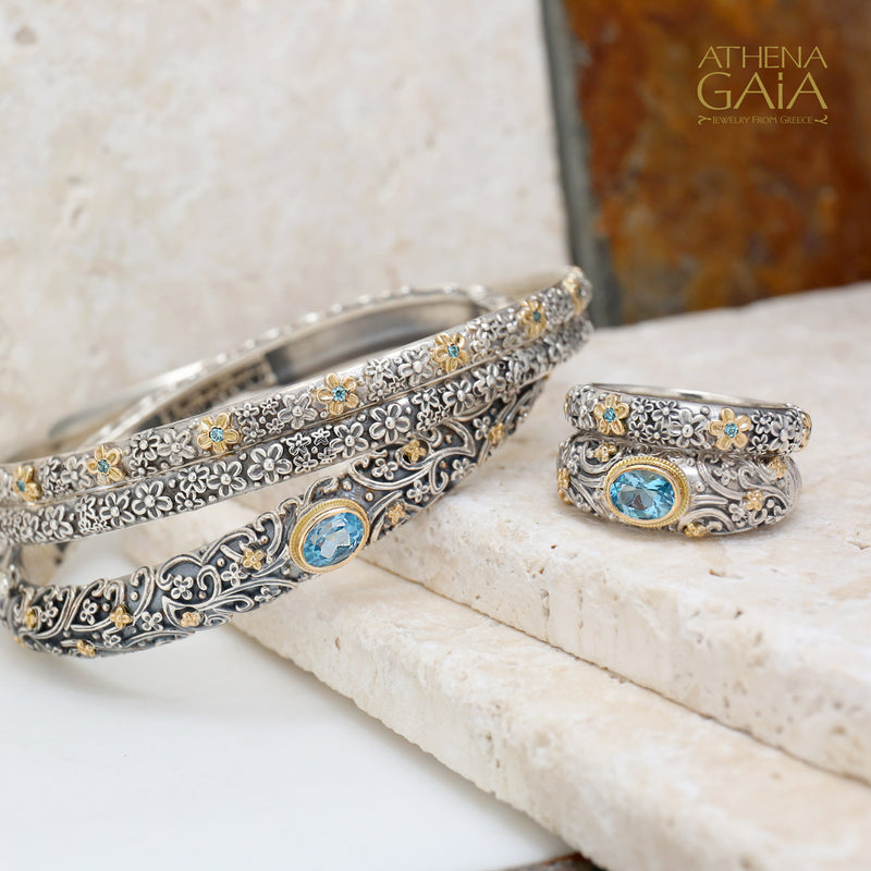 Large Stone Meadow Breeze Bracelet - 18k Gold and Sterling Silver - Hinged Bangle Bracelet