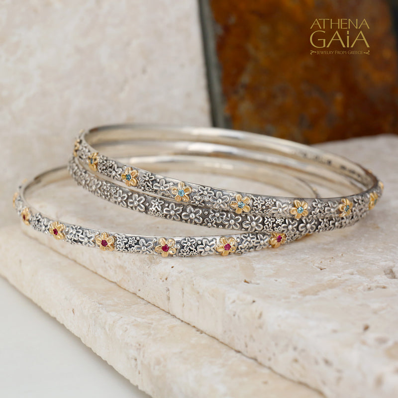 Wild Flowers Stone Bracelet - 18k Gold and Sterling Silver - Solid Bangle Bracelet