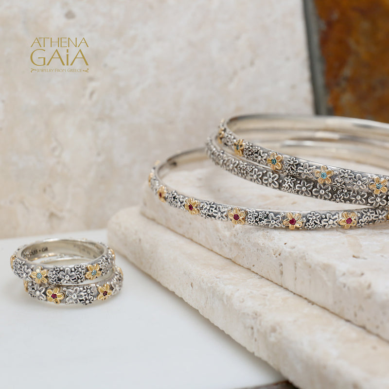 Wild Flowers Thin Bracelet - Sterling Silver - Solid Bangle Bracelet