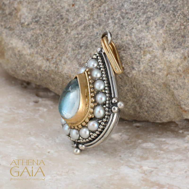 Pearl Fountain Tear Drop Pendant - 18k Gold & Sterling Silver Pendant
