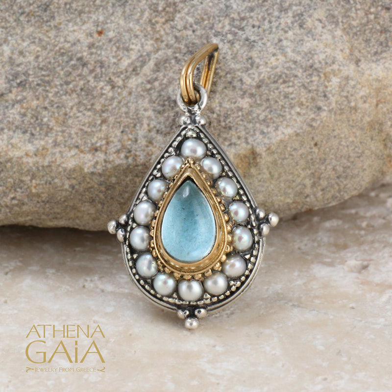 Pearl Fountain Tear Drop Pendant - 18k Gold & Sterling Silver Pendant