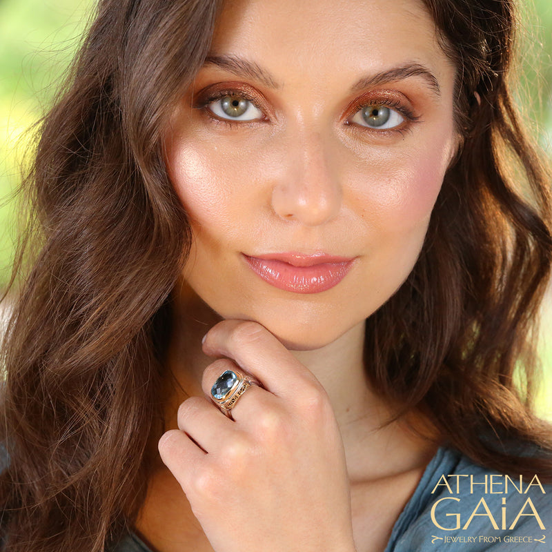 Topaz Filigree Side Rectangle Ring - 18k Gold & Sterling Silver Ring - Cocktail Ring