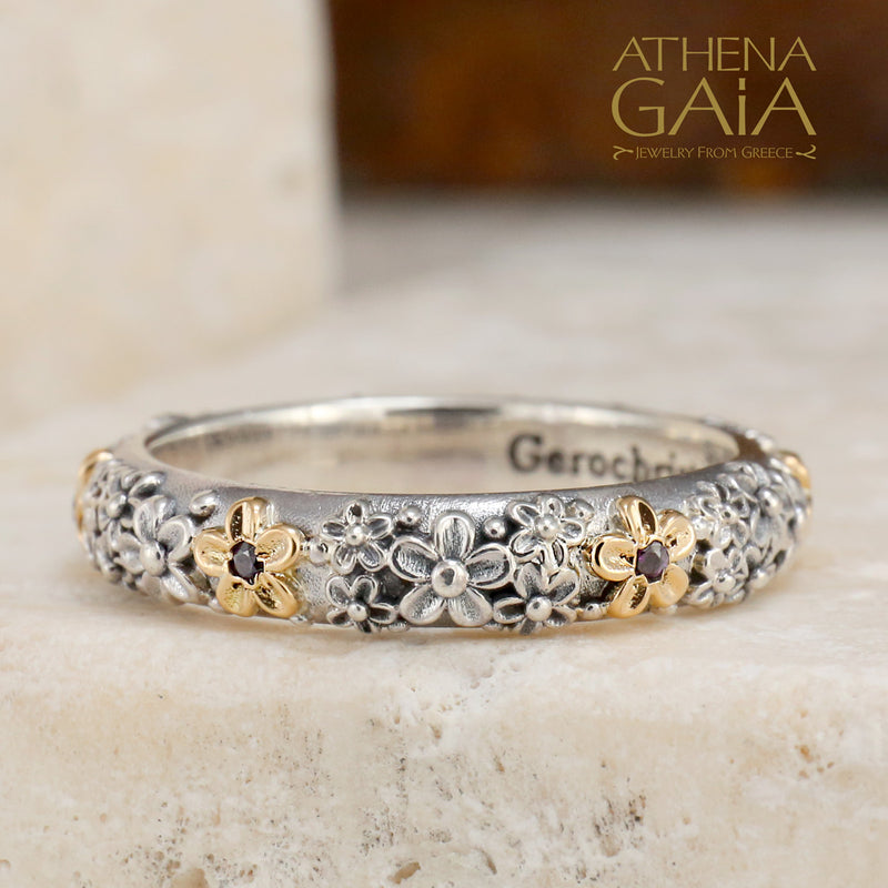 Wild Flowers Stone Band Ring - 18k Gold & Sterling Silver Ring - Stackable Ring