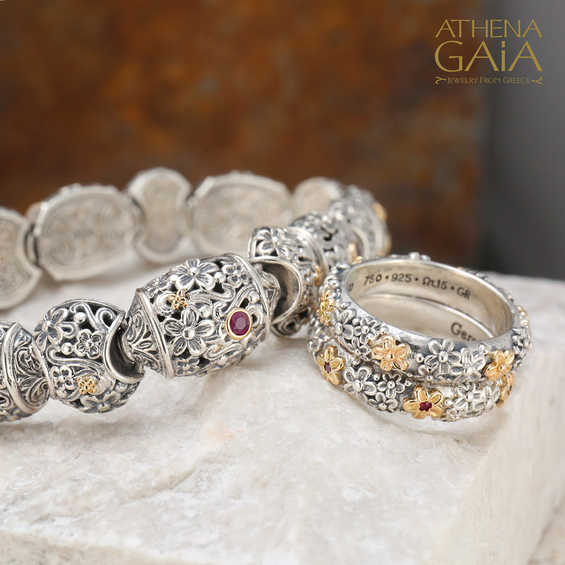 Meadow Breeze Barrel - 18k Gold & Sterling Silver Bracelet - Link Bracelet