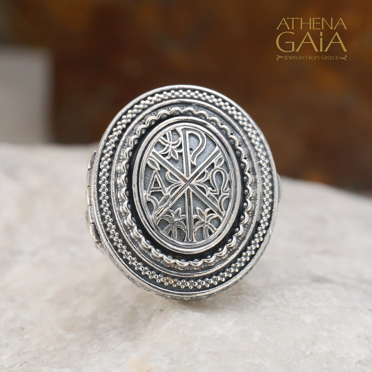 Greek Sterling Silver Crosier Oval Locket Ring — Athena Gaia