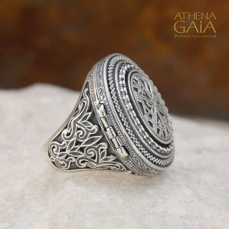 Chi Rho Crosier Oval Locket Ring - Sterling Silver Ring - Cocktail Ring