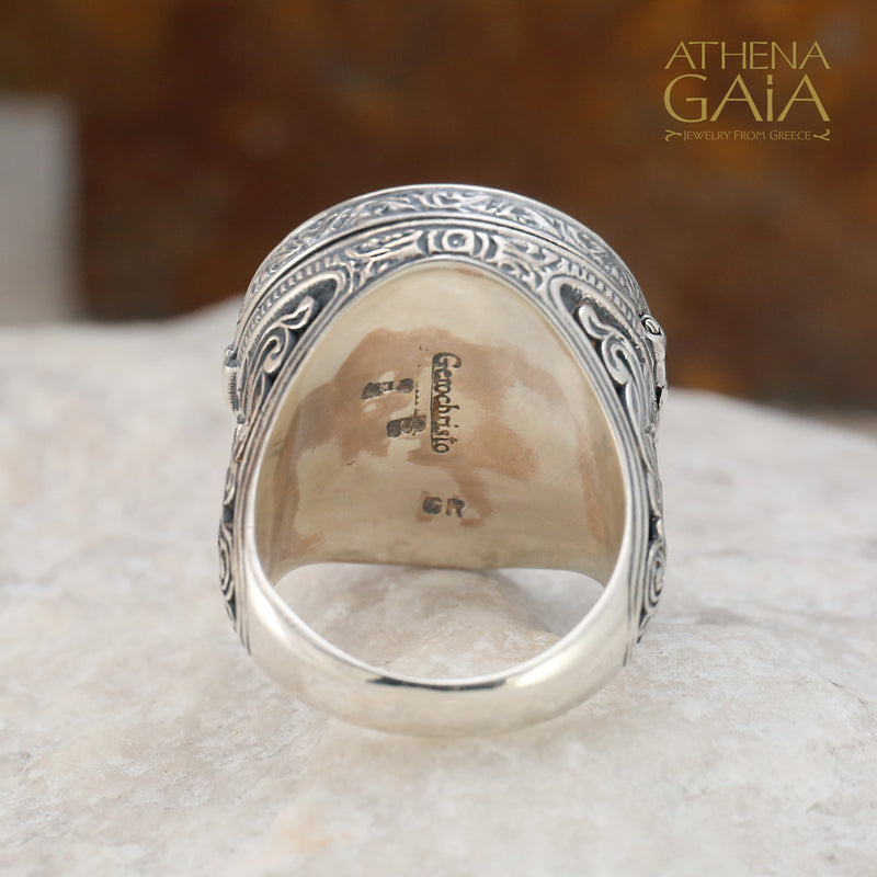 Chi Rho Crosier Oval Locket Ring - Sterling Silver Ring - Cocktail Ring