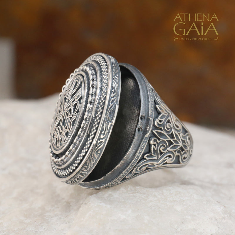 Chi Rho Crosier Oval Locket Ring - Sterling Silver Ring - Cocktail Ring