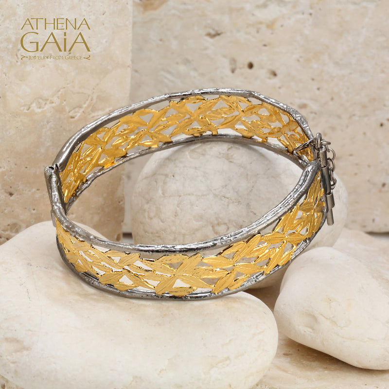 Olive Grove Open Hinged Bracelet - Gold Plated Sterling Silver - Cuff Bracelet