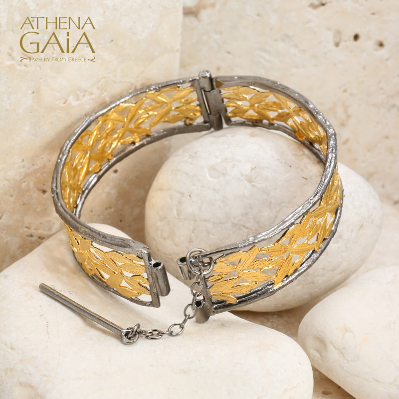 Olive Grove Open Hinged Bracelet - Gold Plated Sterling Silver - Cuff Bracelet