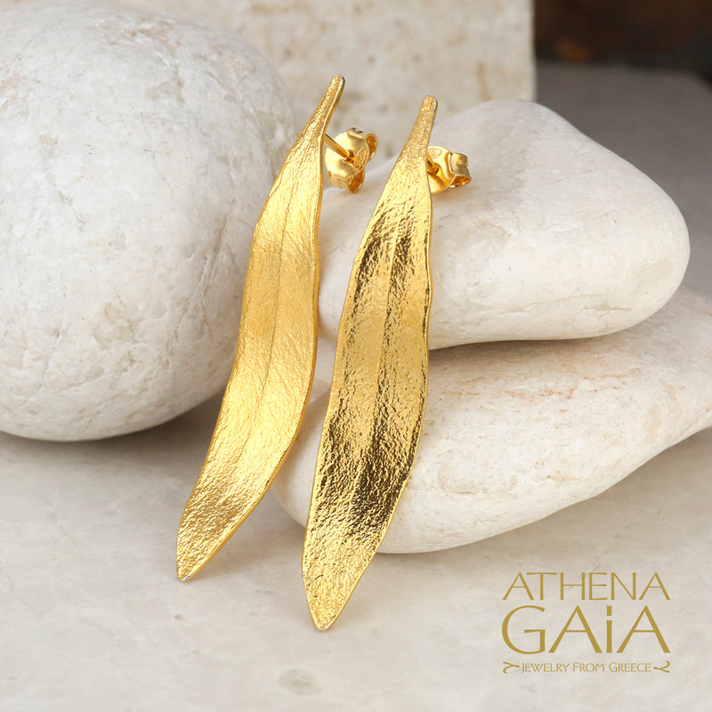 Long Leaf Curve Earrings - Gold Plated Sterling Silver Earrings - Post Earrings