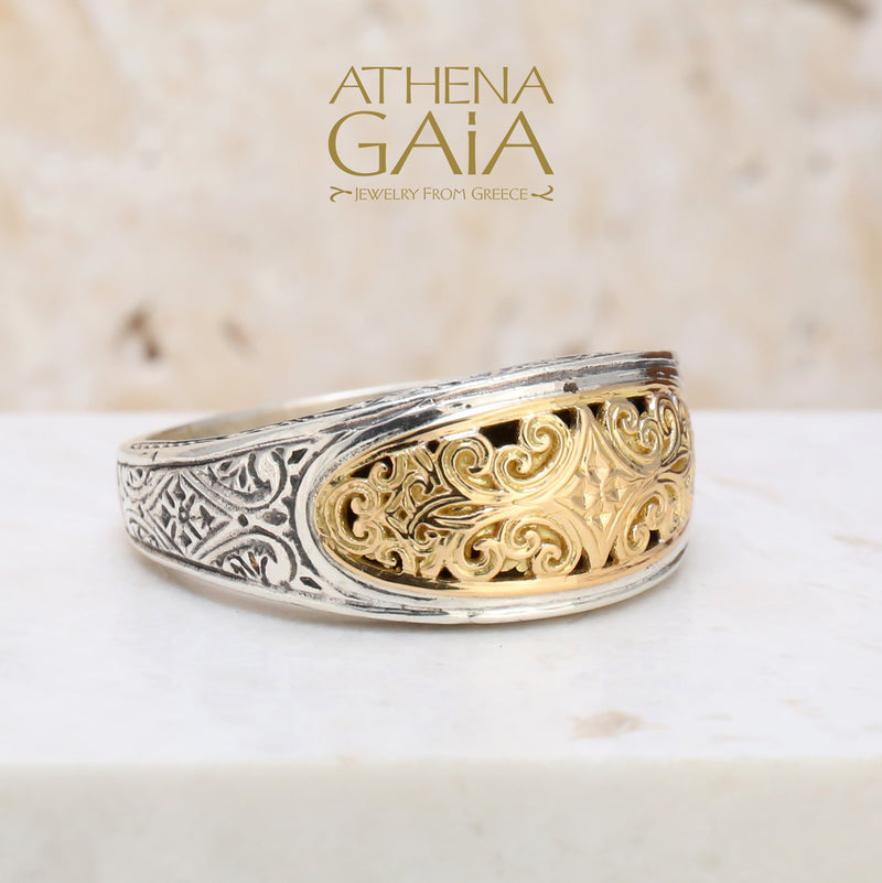 Mediterranean Elliptical Face Band Ring - 18k Gold & Sterling Silver Ring - Stackable Ring