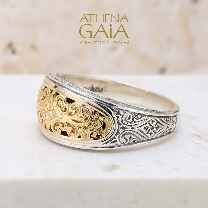 Mediterranean Elliptical Face Band Ring - 18k Gold & Sterling Silver Ring - Stackable Ring