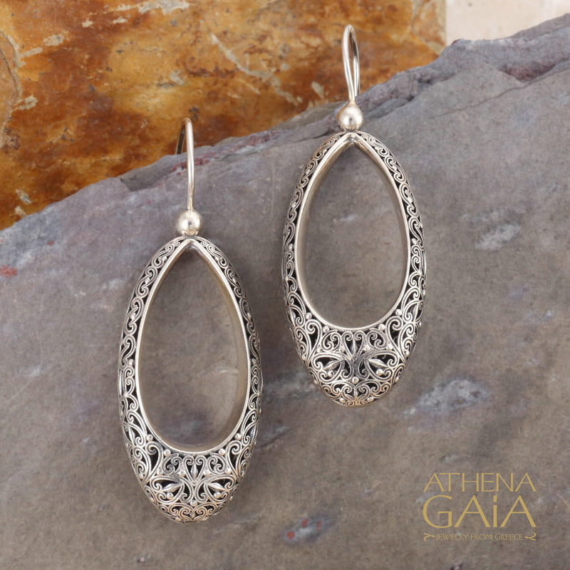 Kallisto Open Oval Filigree Earrings - Sterling Silver - French Wire Earrings