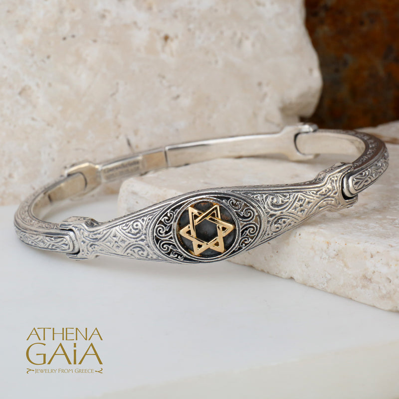 Star of David Bracelet - 18k Gold and Sterling Silver - Flex Bangle Bracelet