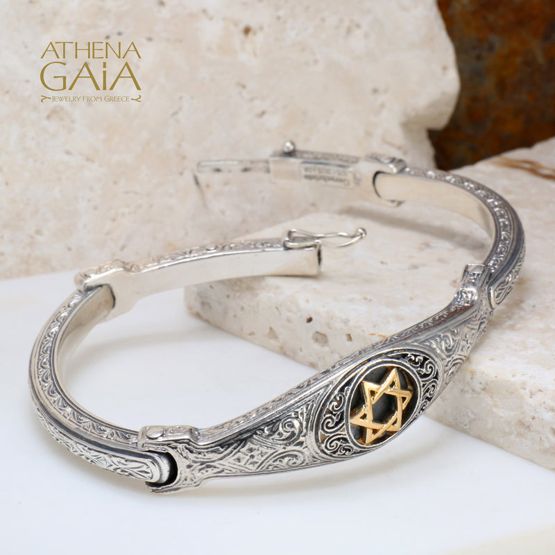 Star of David Bracelet - 18k Gold and Sterling Silver - Flex Bangle Bracelet