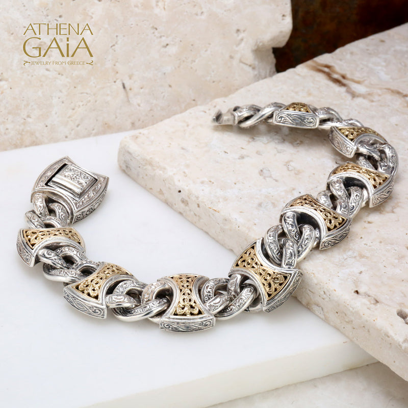 Heavy Axeheads Curb Bracelet - 18k Gold & Sterling Silver Bracelet - Link Bracelet