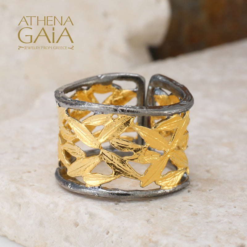 Olive Grove Open Ring - Gold Plated Sterling Silver Ring - Cocktail Ring