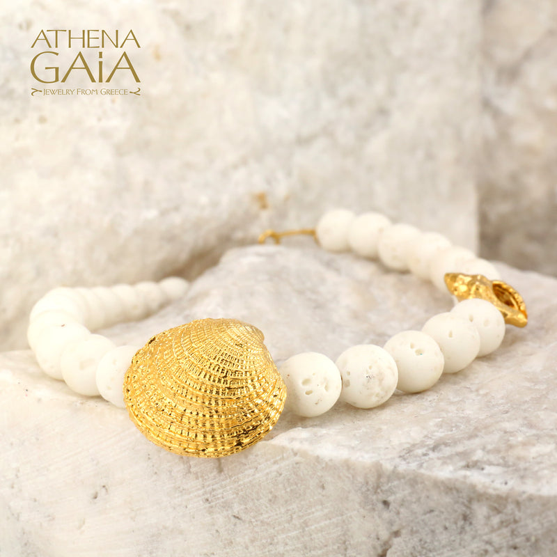 Clam Shell White Coral Bracelet - Gold Plated Sterling Silver Bracelet - Coral Beaded Bracelet