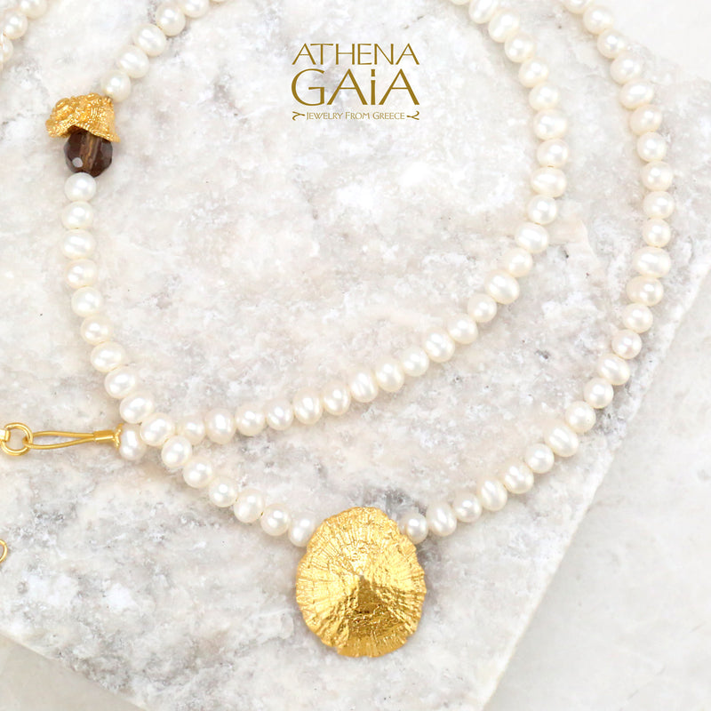 Seashell and Pearl Necklace - Gold Plated Sterling Silver Necklace
