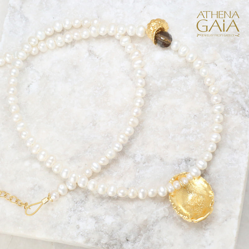 Seashell and Pearl Necklace - Gold Plated Sterling Silver Necklace