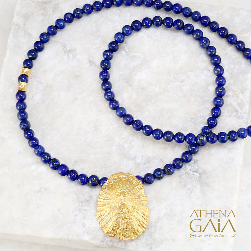 Seashell Lapis Beaded Necklace - Gold Plated Sterling Silver