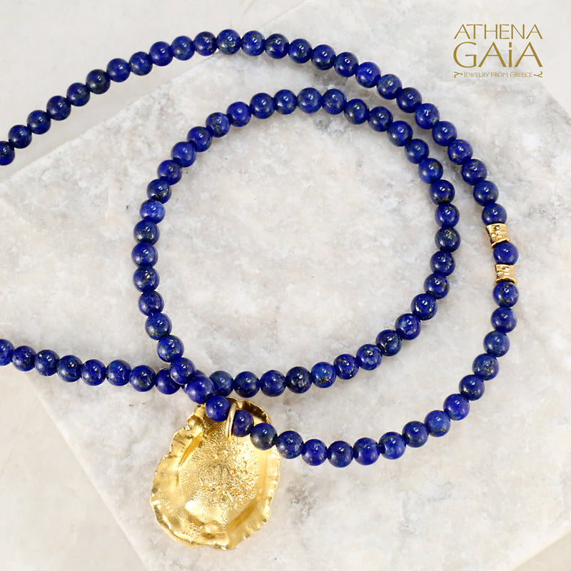 Seashell Lapis Beaded Necklace - Gold Plated Sterling Silver