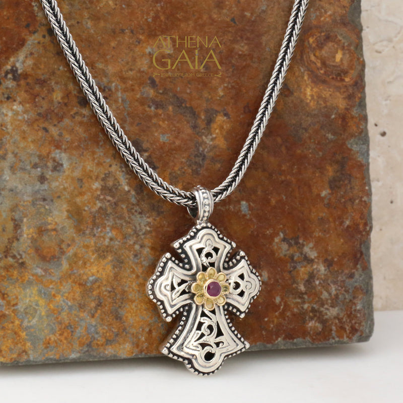 Garden Shadows Rosette Cross (Small) - Sterling Silver & 18k Gold - Flared Cross