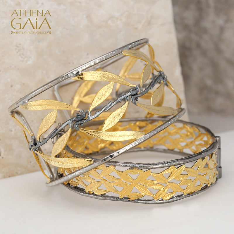 Olive Grove Open Hinged Bracelet - Gold Plated Sterling Silver - Cuff Bracelet