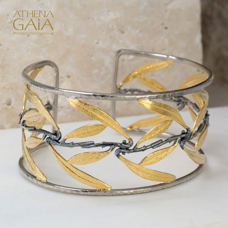 Olive Tree Open Cuff Bracelet - Gold Plated Sterling Silver Bracelet
