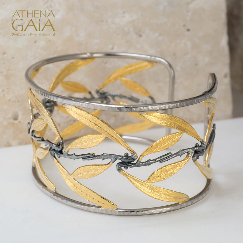 Olive Tree Open Cuff Bracelet - Gold Plated Sterling Silver Bracelet