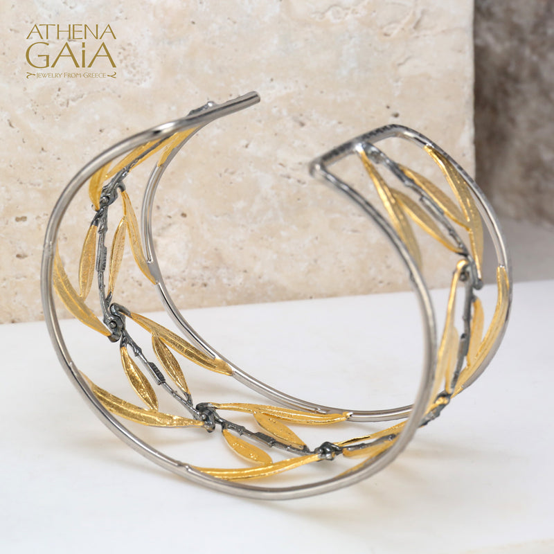 Olive Tree Open Cuff Bracelet - Gold Plated Sterling Silver Bracelet