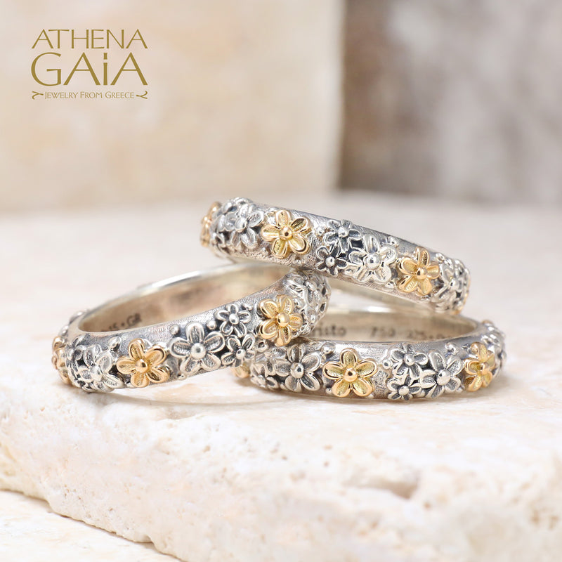 Wild Flowers Band Ring - 18k Gold & Sterling Silver Ring - Stackable Ring