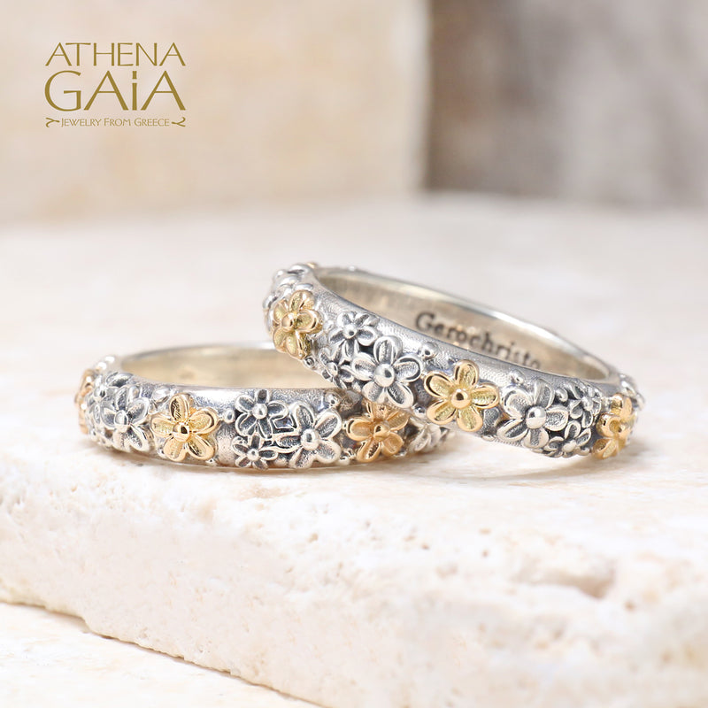 Wild Flowers Band Ring - 18k Gold & Sterling Silver Ring - Stackable Ring