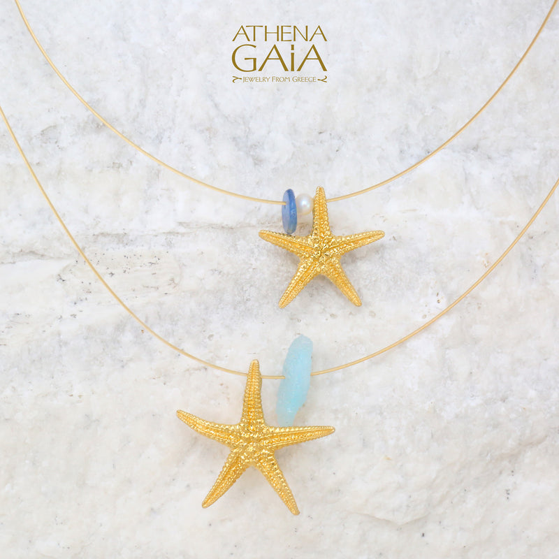 Starfish with Pearl Necklace (Small) - Gold Plated Sterling Silver Necklace