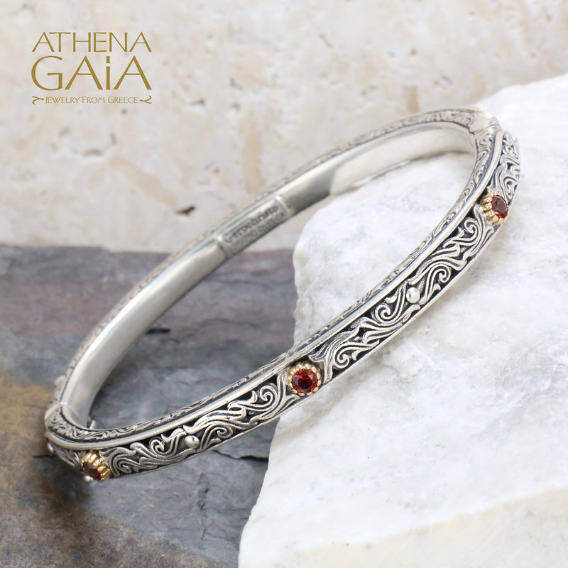 Nefeli Rubies Bracelet- 18k Gold and Sterling Silver - Hinged Bangle Bracelet