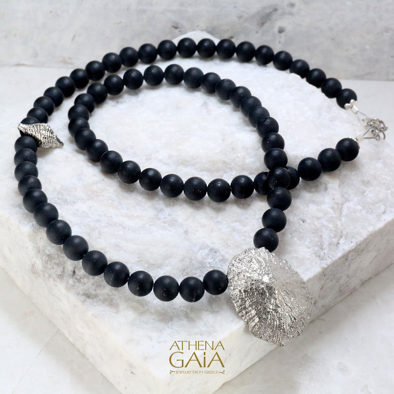 Seashell Silver and Onyx Necklace - Sterling Silver Necklace