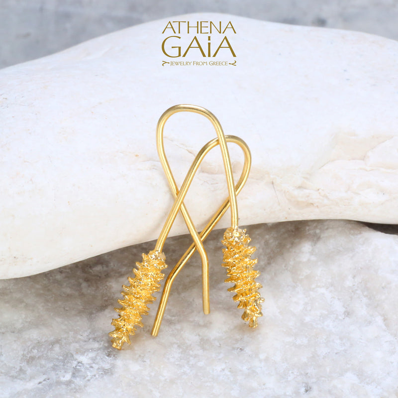 Pine Cone Earrings - Gold Plated Sterling Silver - French Wire Earrings