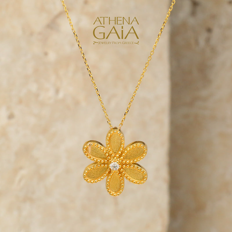 Geometric Diamond Flower Pendant Necklace - 18k Gold Necklace