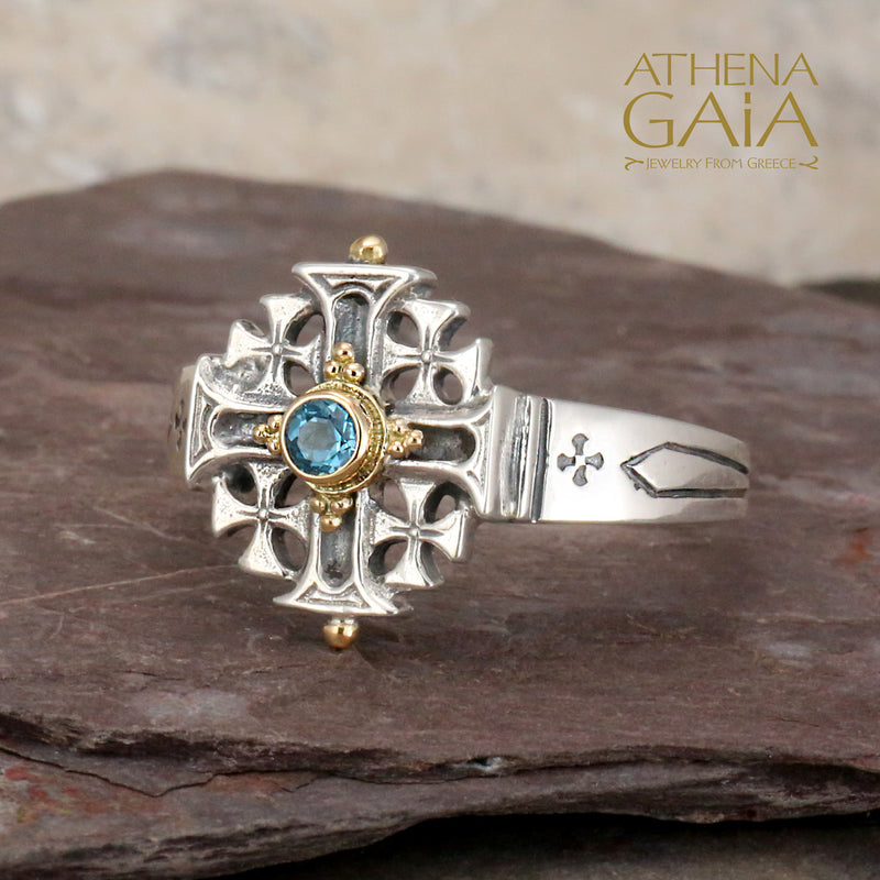 Jerusalem Cross Ring - 18k Gold & Sterling Silver Ring - Signet Ring