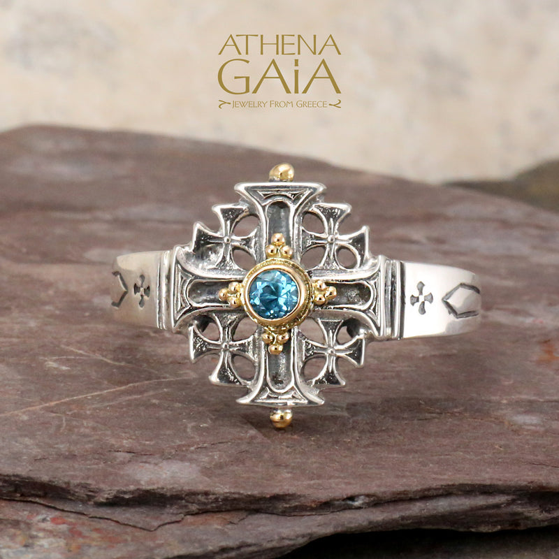 Jerusalem Cross Ring - 18k Gold & Sterling Silver Ring - Signet Ring