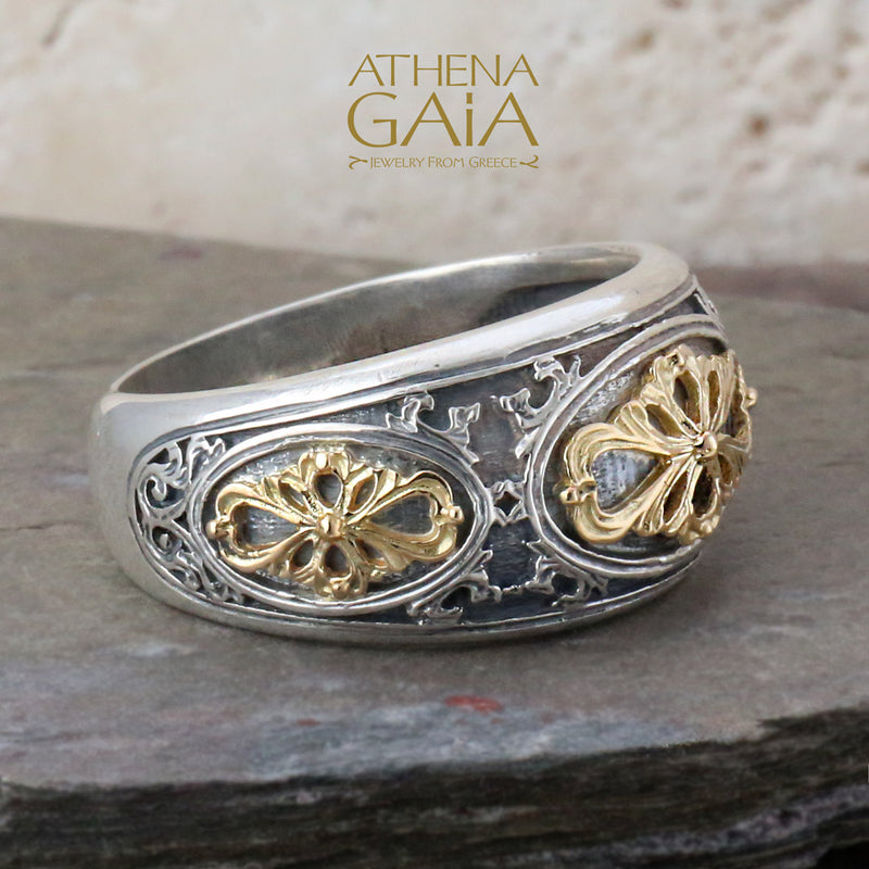 Golden Clover Band Ring - 18k Gold & Sterling Silver Ring - Signet Ring