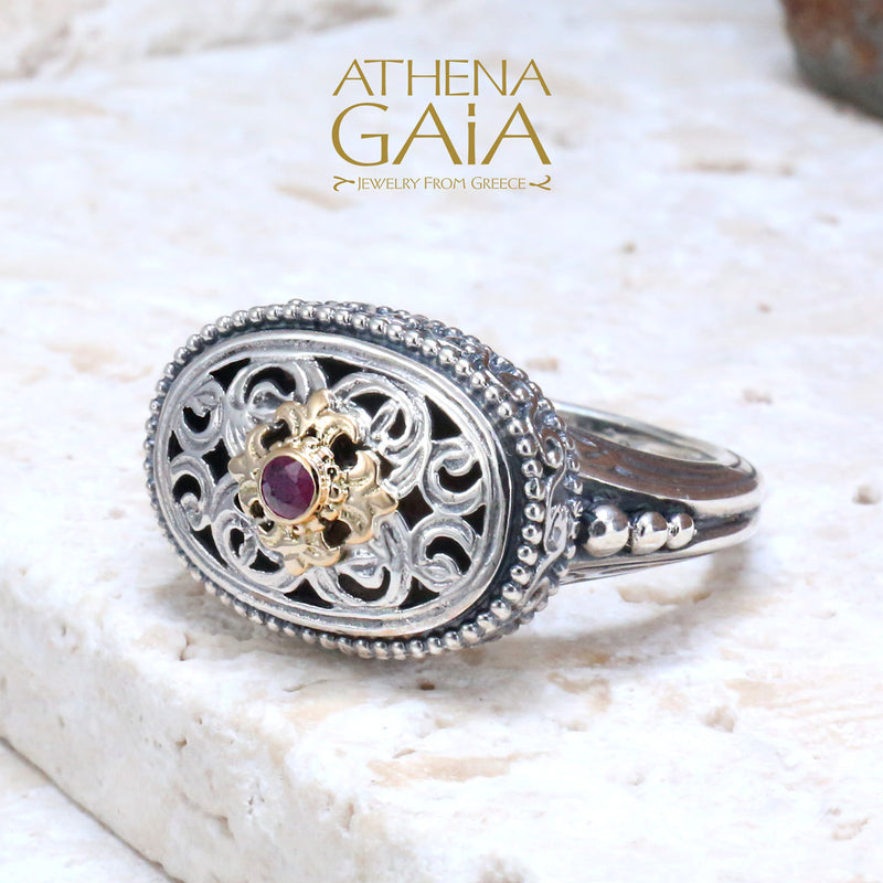 Scroll Sided Thin Oval Ring - 18k Gold & Sterling Silver Ring - Signet Ring