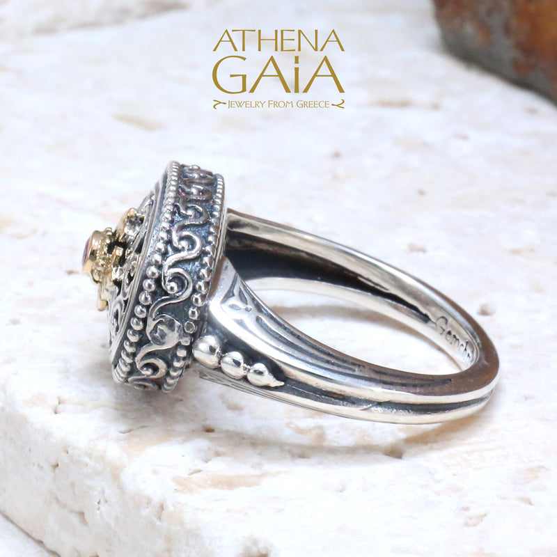 Scroll Sided Thin Oval Ring - 18k Gold & Sterling Silver Ring - Signet Ring