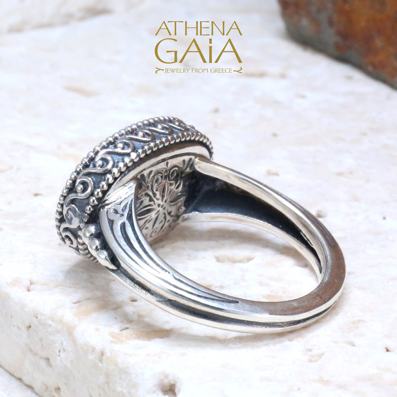 Scroll Sided Thin Oval Ring - 18k Gold & Sterling Silver Ring - Signet Ring