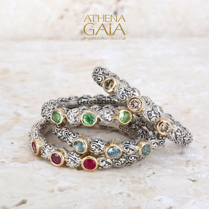 Meadow Breeze Triple Round Stone Ring - 18k Gold & Sterling Silver Ring - Stackable Ring