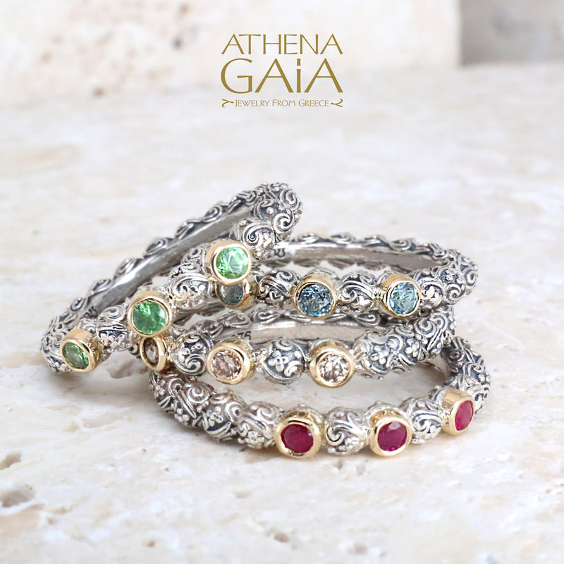 Meadow Breeze Triple Round Stone Ring - 18k Gold & Sterling Silver Ring - Stackable Ring