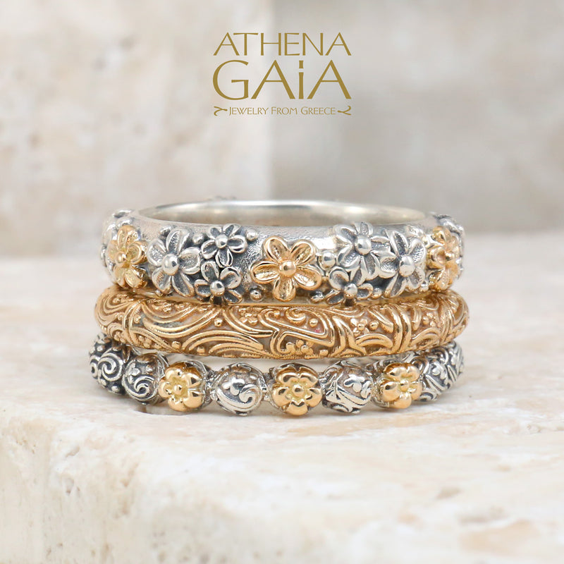 Wild Flowers Accent Ring - 18k Gold & Sterling Silver Ring - Stackable Ring