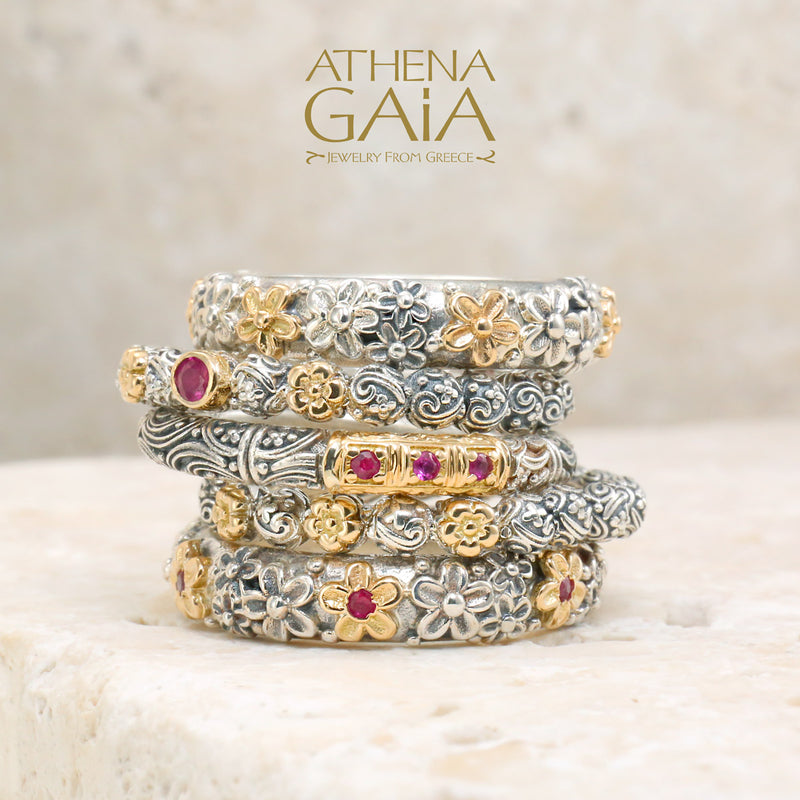 Wild Flowers Band Ring - 18k Gold & Sterling Silver Ring - Stackable Ring
