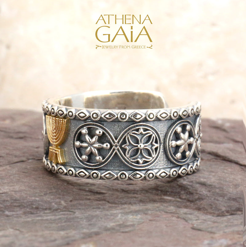 Menorah Open Ring - 18k Gold & Sterling Silver Ring - Cigar Band Ring